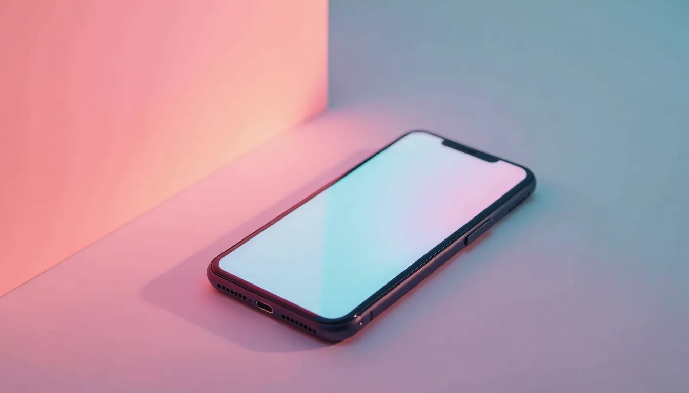 Smartphone moderno com tela em branco, posicionado em uma superfície rosa, iluminado por luz suave colorida. Ideal para ilustrações sobre tecnologia e design contemporâneo.