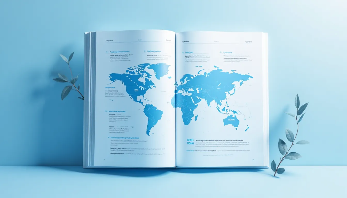 Livro aberto com um mapa-múndi em tons de azul, apresentando informações geográficas. O fundo é de uma cor azul clara, complementado por folhas verdes. A imagem ilustra uma apresentação visual de dados globais.