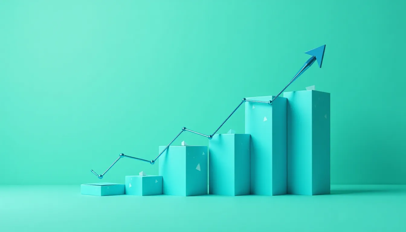 Gráfico de barras em tons de azul, mostrando um aumento progressivo com uma linha ascendente e uma seta, simbolizando crescimento e sucesso em negócios ou investimentos. Fundo verde.