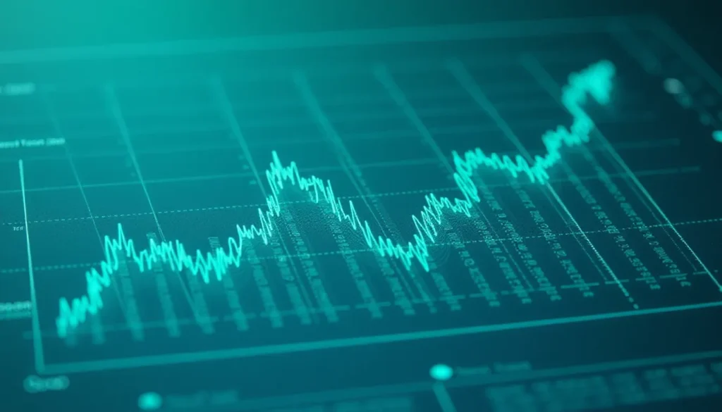 Gráfico financeiro digital mostrando a flutuação de dados em um fundo azul, representando tendências de mercado e análises estatísticas.