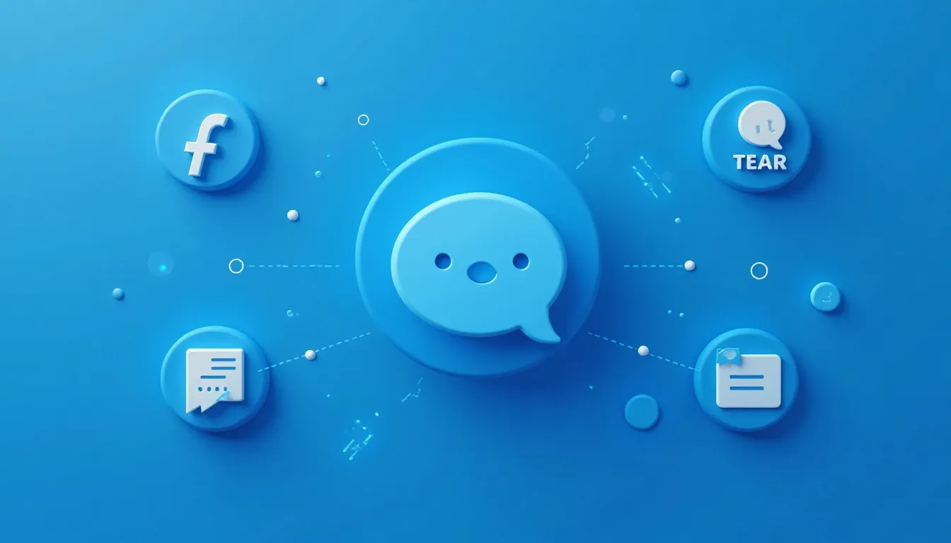 Ícones de comunicação em um fundo azul, incluindo ícones de chat, Facebook e outras plataformas de mensagens, simbolizando interações digitais e conectividade.