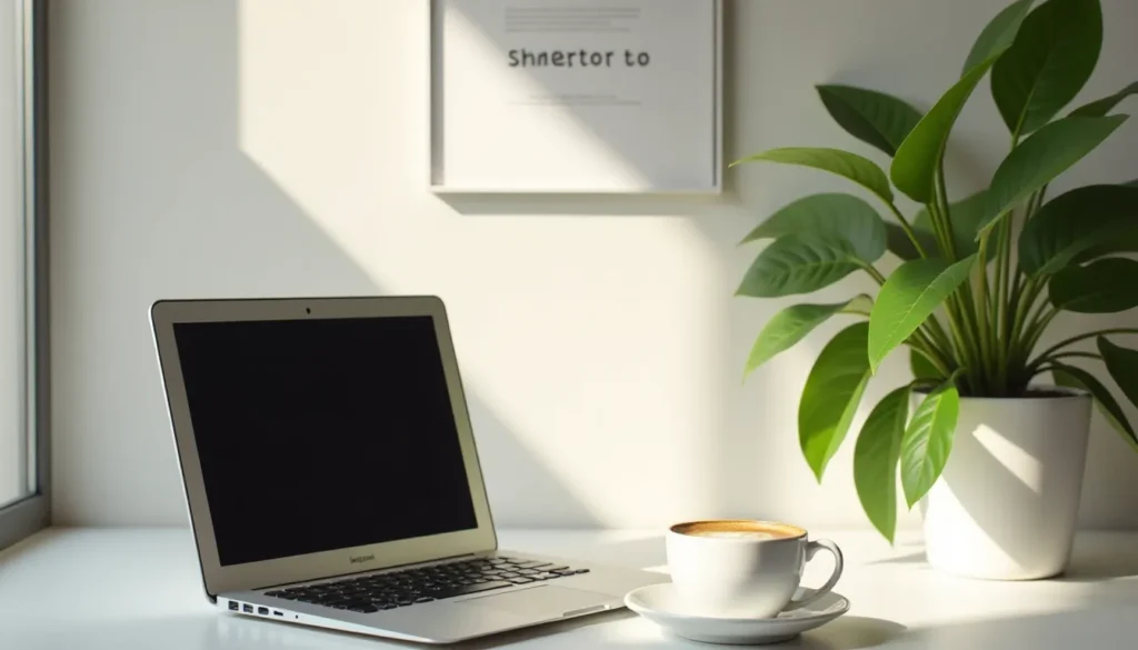 Ambiente de trabalho minimalista com laptop MacBook aberto, xícara de café e planta verde, iluminado pela luz natural. Ideal para produtividade e home office.