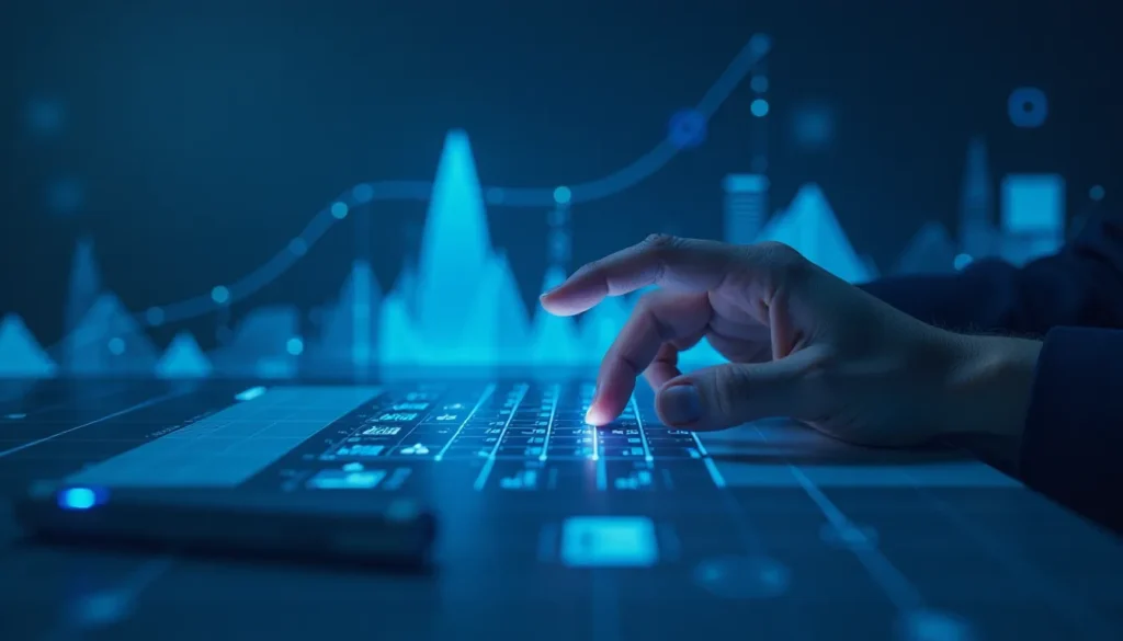 Mão interagindo com um painel digital em um ambiente tecnológico, com gráficos de análise e dados em destaque, representando inovação e transformação digital.