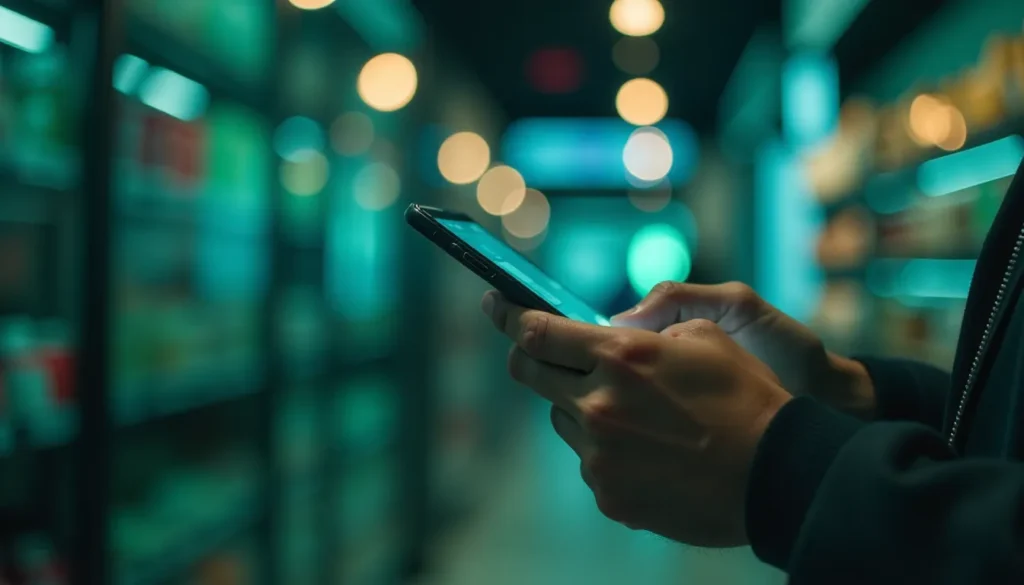 Pessoa segurando um smartphone em um corredor iluminado com luzes suaves, destacando a interação digital em um ambiente moderno e urbano.