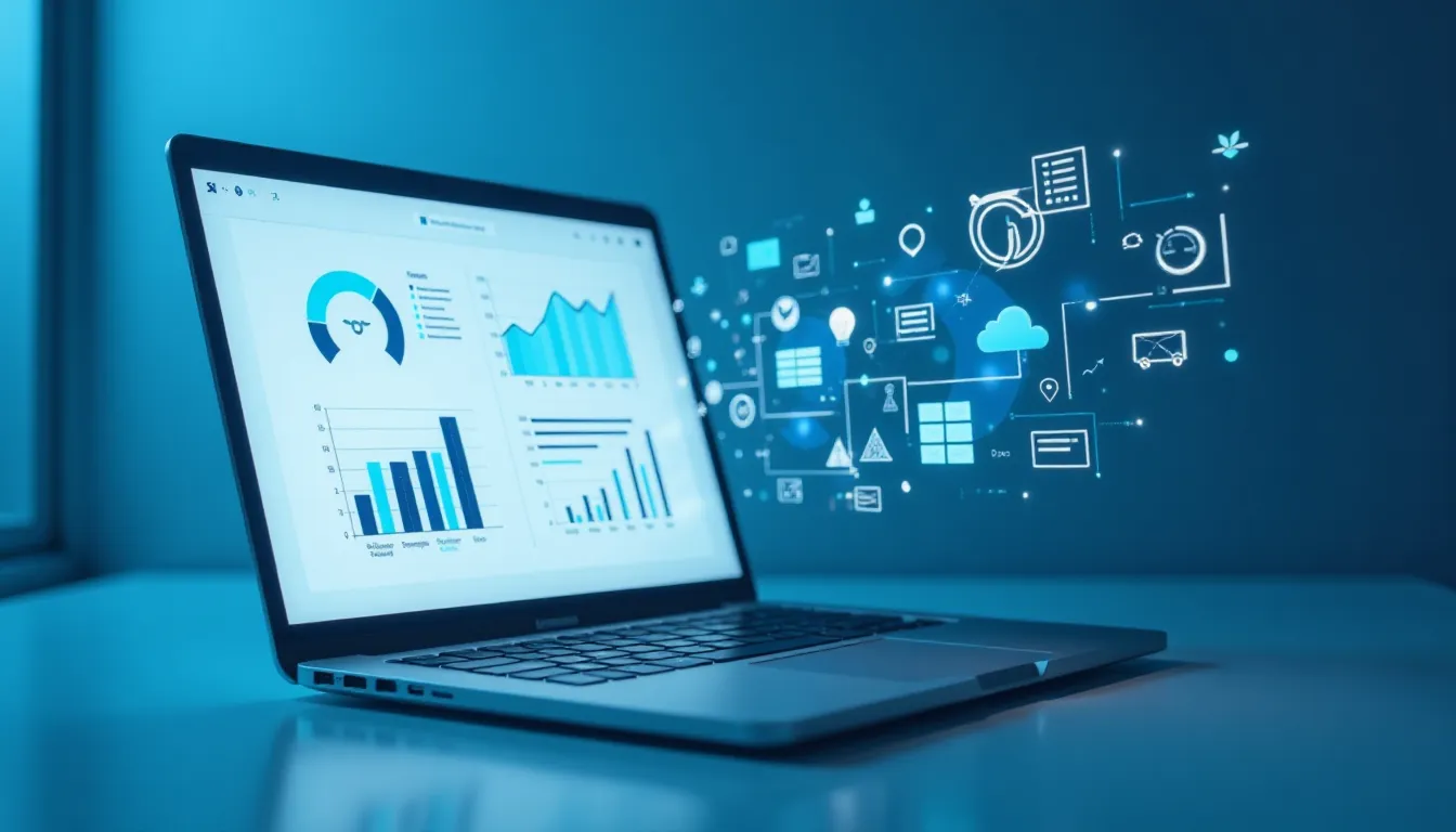 Laptop exibindo gráficos de análise de dados, com ícones digitais flutuantes representando tecnologia e planejamento estratégico.