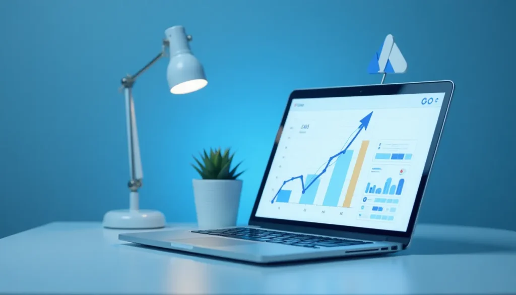 Laptop exibindo gráfico de vendas em crescimento, com fundo azul e luminária ao lado, simbolizando análise de dados e gestão de desempenho.