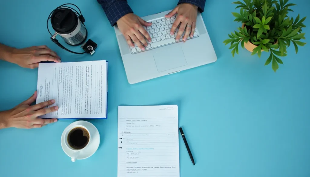 Mãos digitando em um laptop prateado sobre uma mesa azul, com folhas de papel, uma caneta, uma xícara de café e uma planta, representando um ambiente de trabalho produtivo e organizado.