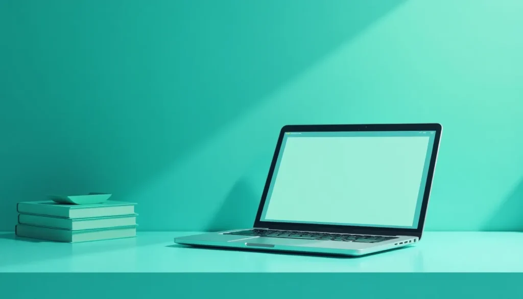 Laptop moderno sobre mesa em ambiente minimalista com parede verde e livros empilhados ao lado. Ideal para ilustração de trabalho remoto ou tecnologia.