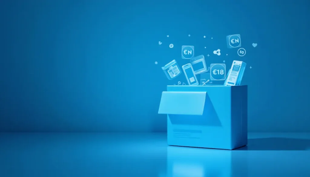 Caixa azul estilizada com ícones e símbolos representando e-commerce, produtos e preços, sobre um fundo azul.