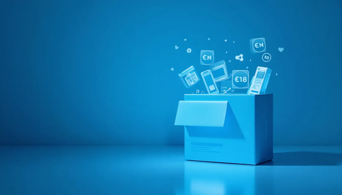 Caixa azul estilizada com ícones e símbolos representando e-commerce, produtos e preços, sobre um fundo azul.