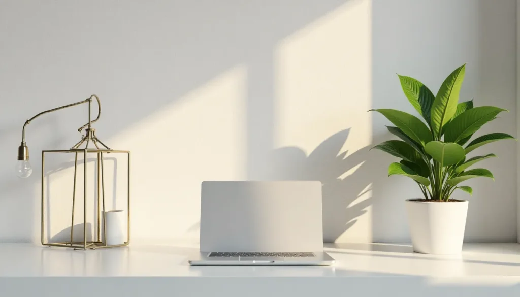 Ambiente de trabalho moderno com um laptop prateado, uma luminária de design minimalista e uma planta verde em vaso, iluminado por luz natural.