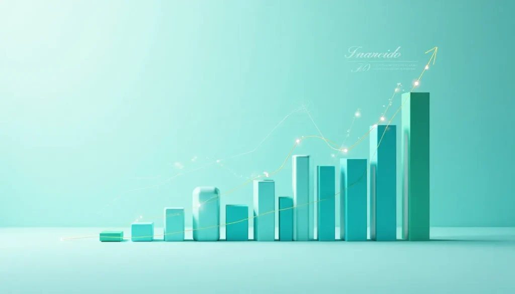 Gráfico em 3D mostrando barras em diferentes alturas em tons de azul, representando crescimento e progressão de dados financeiros, com uma linha ascendente destacando tendências positivas.