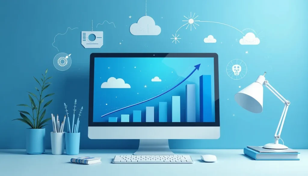Computador com gráfico em ascensão em fundo azul, representando crescimento de dados e análises. Elementos gráficos como nuvens, sol e ícones decorativos, além de acessórios de escritório como plantas, canetas e uma luminária. Ideal para temas de tecnologia e marketing digital.