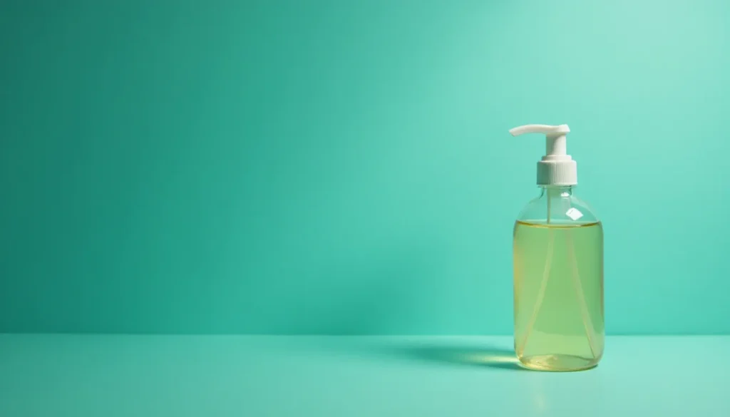 Frasco de sabonete líquido transparente com bomba dosadora, em fundo verde claro, ideal para produtos de higiene e cuidados pessoais.