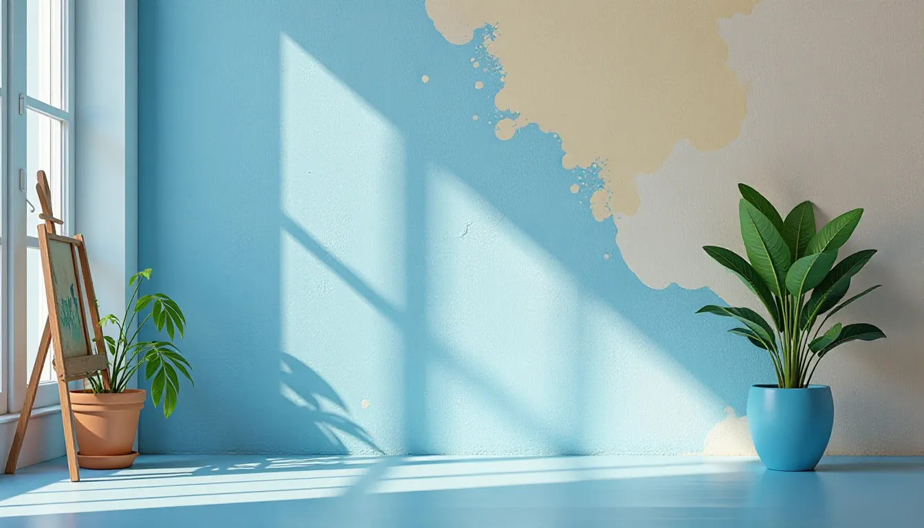 Ambiente interno com parede azul clara, planta em vaso azul e sombra projetada, destacando luz natural e elementos decorativos minimalistas.
