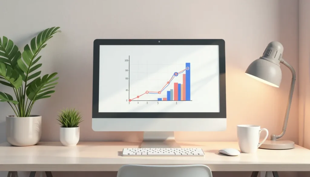 Computador com gráfico de crescimento exibido na tela, mostrando dados em barras coloridas e linhas, em uma mesa de escritório decorada com plantas, uma xícara e uma lâmpada.