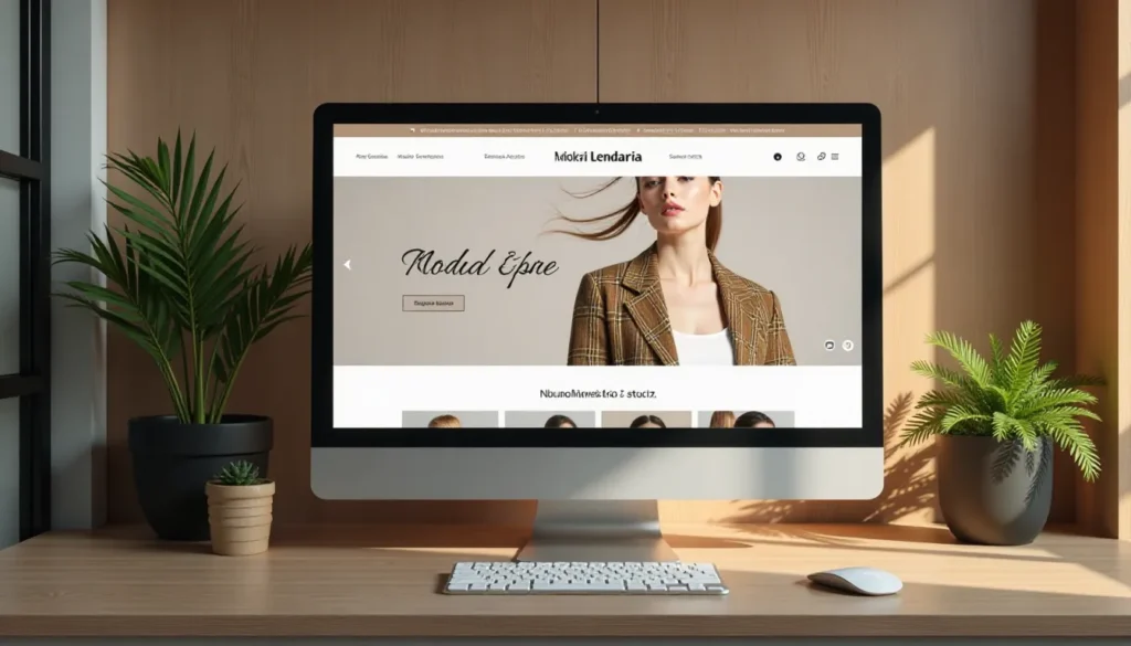 Imagem de um computador mostrando um site de moda chamado "Młodzi Lendaria", com foco em roupas femininas. A tela exibe uma modelo usando um blazer xadrez, com elementos de design moderno e minimalista. O ambiente possui decoração com plantas, sugerindo um espaço de trabalho estiloso e aconchegante.