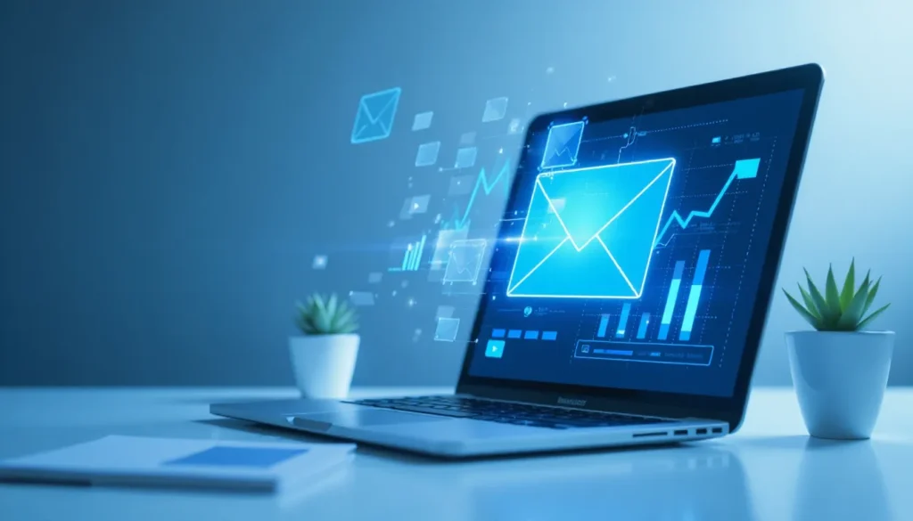 Imagem de um laptop exibindo gráficos e ícones de e-mail em um fundo azul, simbolizando marketing digital e comunicação online, com plantas decorativas ao lado.