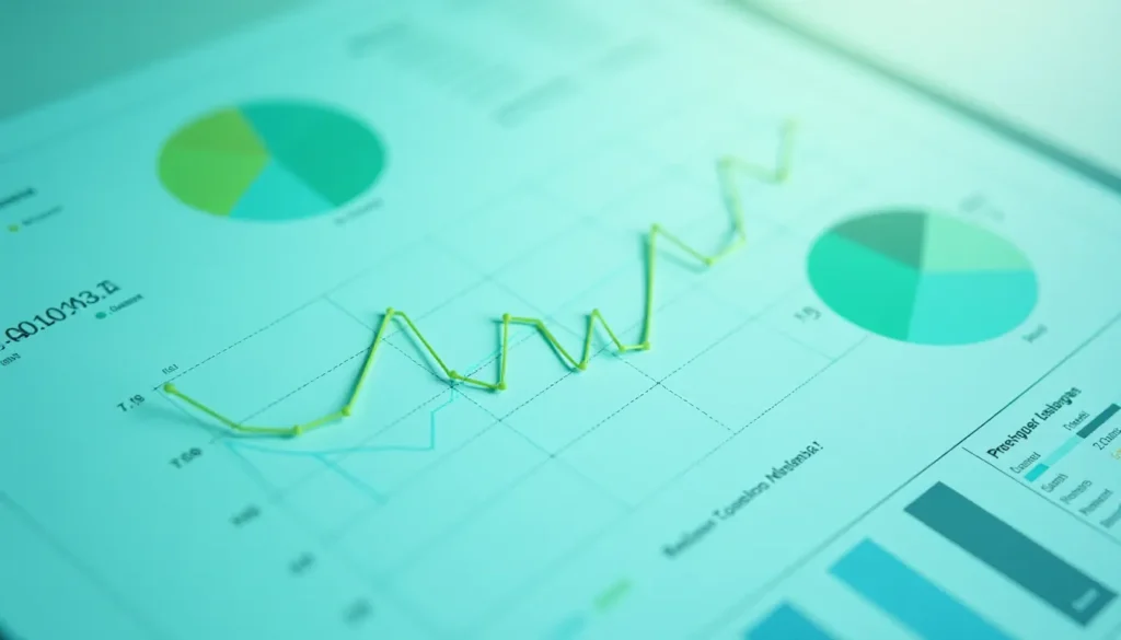 Gráfico de dados financeiros mostrando uma linha de tendência ascendente e gráficos circulares coloridos, representando análises de desempenho.