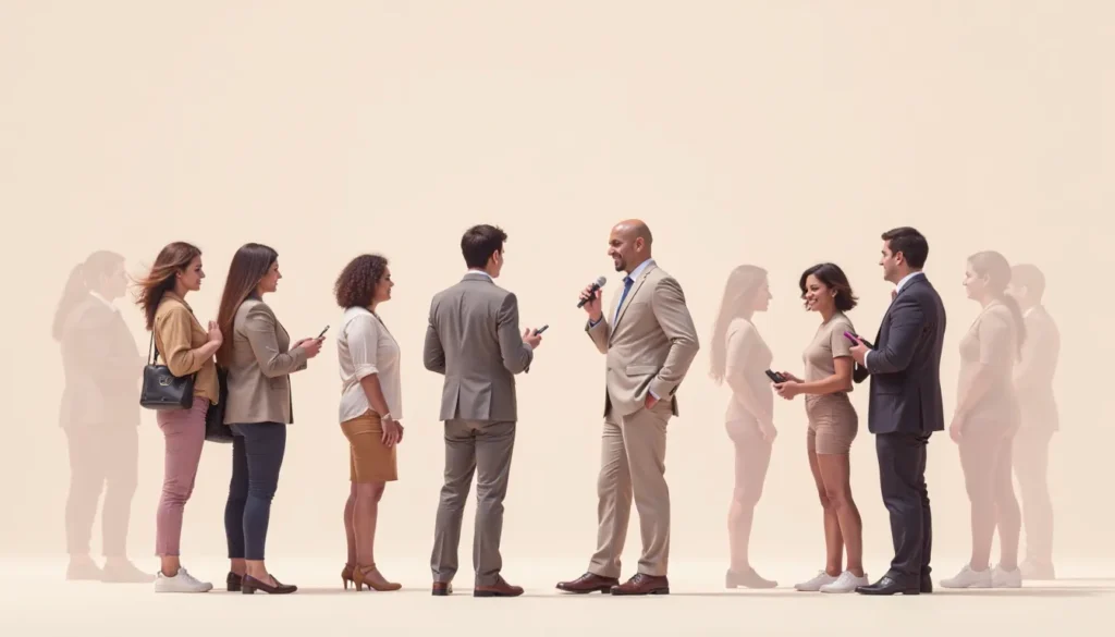 Grupo diversificado de pessoas em uma conversa, um homem de terno fala ao microfone enquanto outros o ouvem e interagem com seus smartphones. Fundo neutro e iluminação suave, ideal para eventos de networking ou palestras.