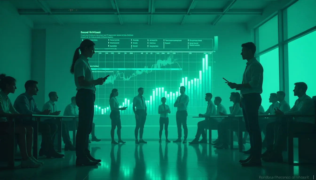 Reunião de negócios com profissionais em trajes formais, discutindo gráficos de desempenho em uma apresentação digital. A sala é iluminada em tom verde, destacando um ambiente moderno e tecnológico.