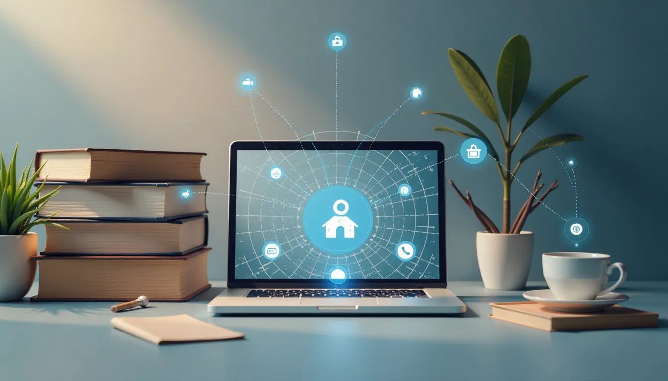 Computador portátil exibindo ícones de conectividade e produtividade, com livros empilhados, planta verde e uma xícara de café em fundo claro. Ideal para ambientes de trabalho ou estudo.