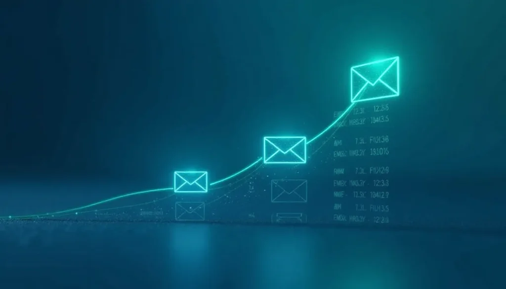 Gráfico digital mostrando o crescimento de e-mails com ícones de envelopes e dados analíticos em fundo azul.