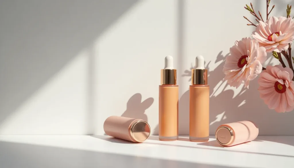 Frascos de sérum facial em tons de pêssego com detalhes em dourado, dispostos sobre uma superfície clara, acompanhados de flores cor-de-rosa. A imagem destaca a estética minimalista e suave dos produtos, ideal para maquiagem e cuidados com a pele.