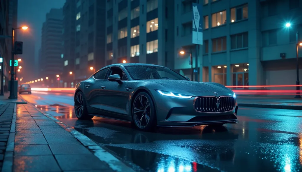 Um carro de luxo em uma rua urbana à noite, com iluminação suave refletindo na pista molhada e edifícios ao fundo, destacando seu design moderno e sofisticado.