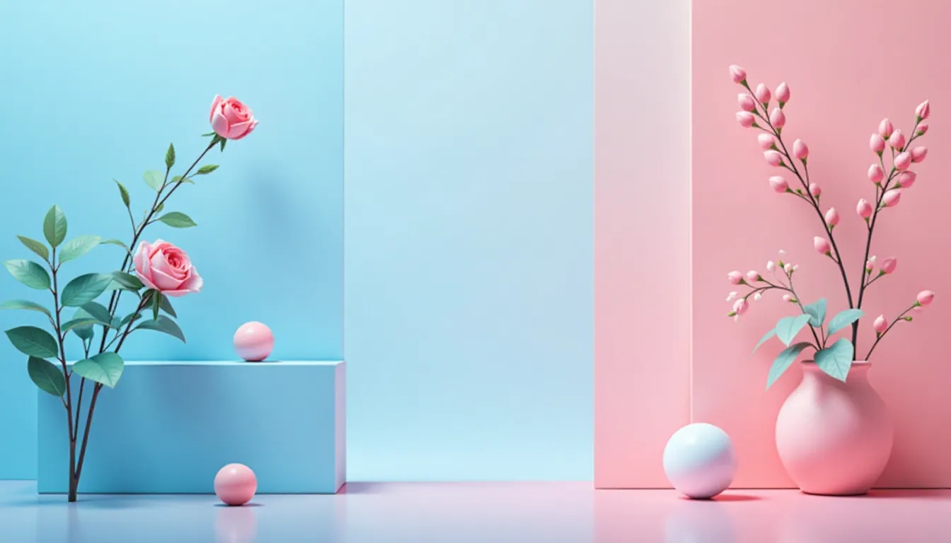 Composição artística de flores em um fundo minimalista, destacando rosas em variados tons de rosa e um vaso de cerâmica. Elementos decorativos em cores pastel, incluindo esferas e formas geométricas. Ideal para temas de decoração e design moderno.