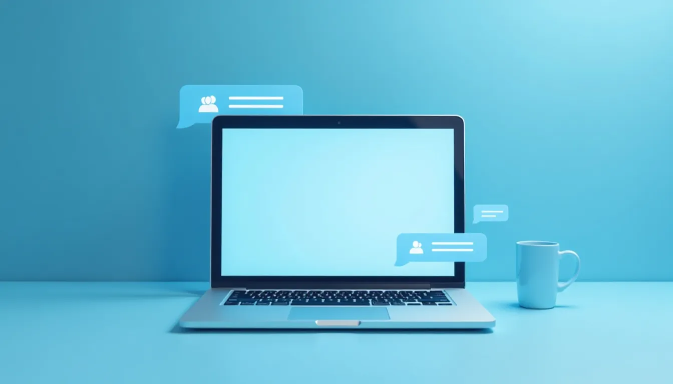 Laptop moderno com tela em branco, cercado por ícones de mensagens em uma mesa azul, acompanhado de uma caneca branca. Ideal para ilustrar comunicação digital e trabalho remoto.