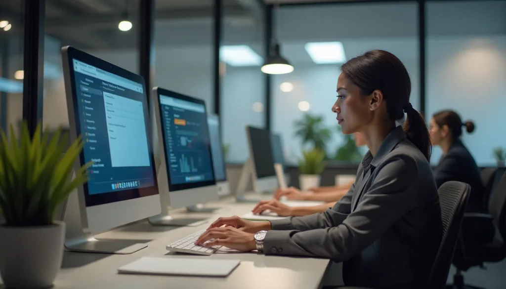 Mulher em traje executivo trabalhando em um computador em um escritório moderno, analisando dados em telas. Ambientes corporativos com plantas decorativas ao fundo.