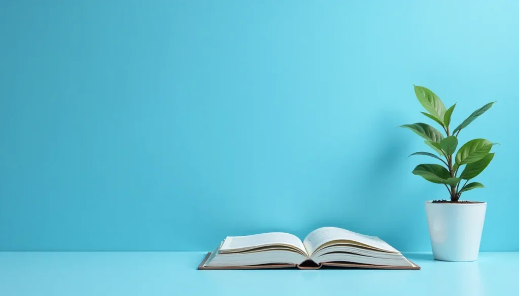 Imagem de um livro aberto sobre uma superfície azul, ao lado de um pequeno vaso com uma planta verde, em um fundo minimalista. Ideal para temas de leitura, estudo e decoração.
