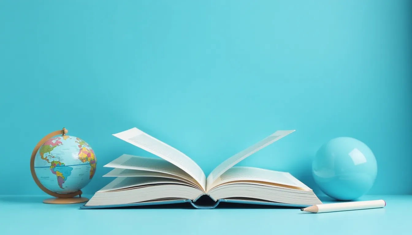 Livro aberto sobre uma superfície azul, com um globo terrestre ao lado e um lápis próximo. A imagem reflete o tema de educação e aprendizado.