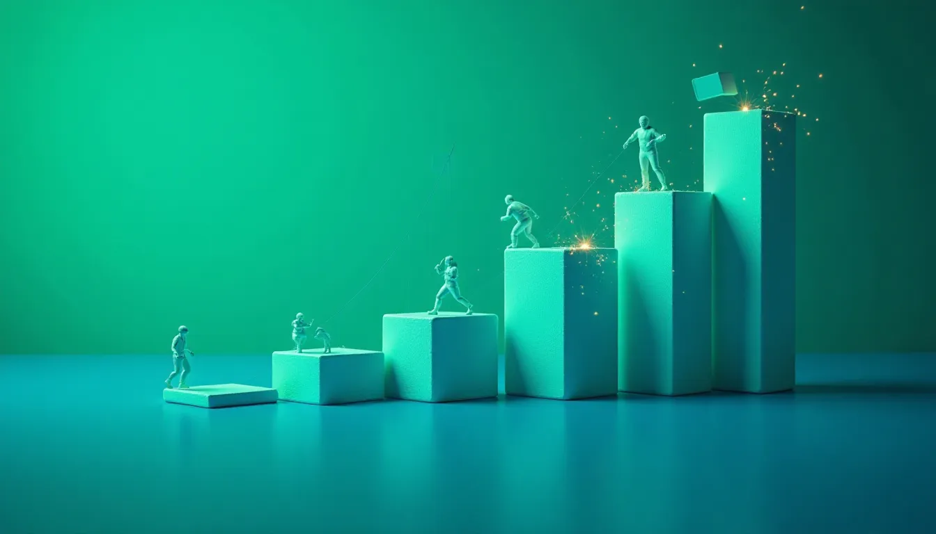 Gráfico em 3D com blocos em diferentes alturas e figuras de pessoas em atividade, simbolizando progresso e conquista de metas. Fundo verde vibrante.