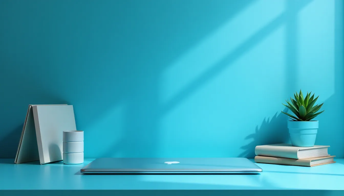 Mesa de trabalho minimalista com fundo azul, apresentando um laptop moderno, um livro fechado, um copo branco, e um pequeno vaso de planta suculenta, criando um ambiente propício para produtividade e estudo.