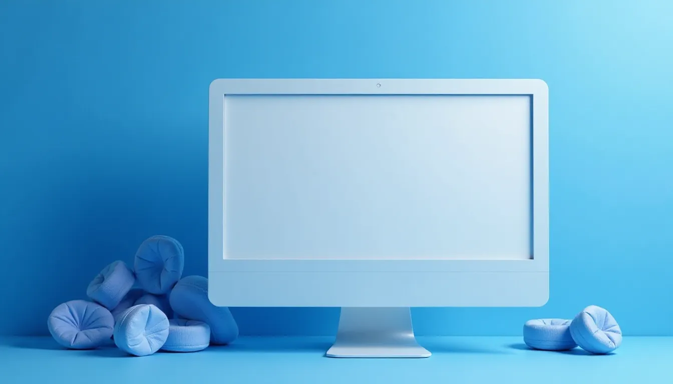 Monitor branco em um fundo azul, com uma tela em branco, ao lado de almofadas redondas azuis. Ideal para temas de tecnologia e conforto no ambiente de trabalho.
