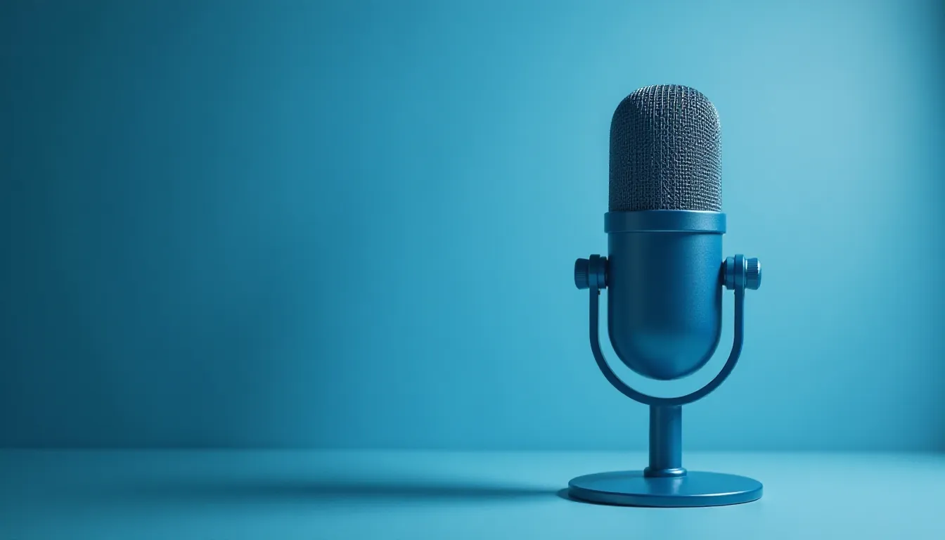 Microfone azul em um fundo minimalista, ideal para gravações de áudio e podcasting, destacando sua textura e design moderno.