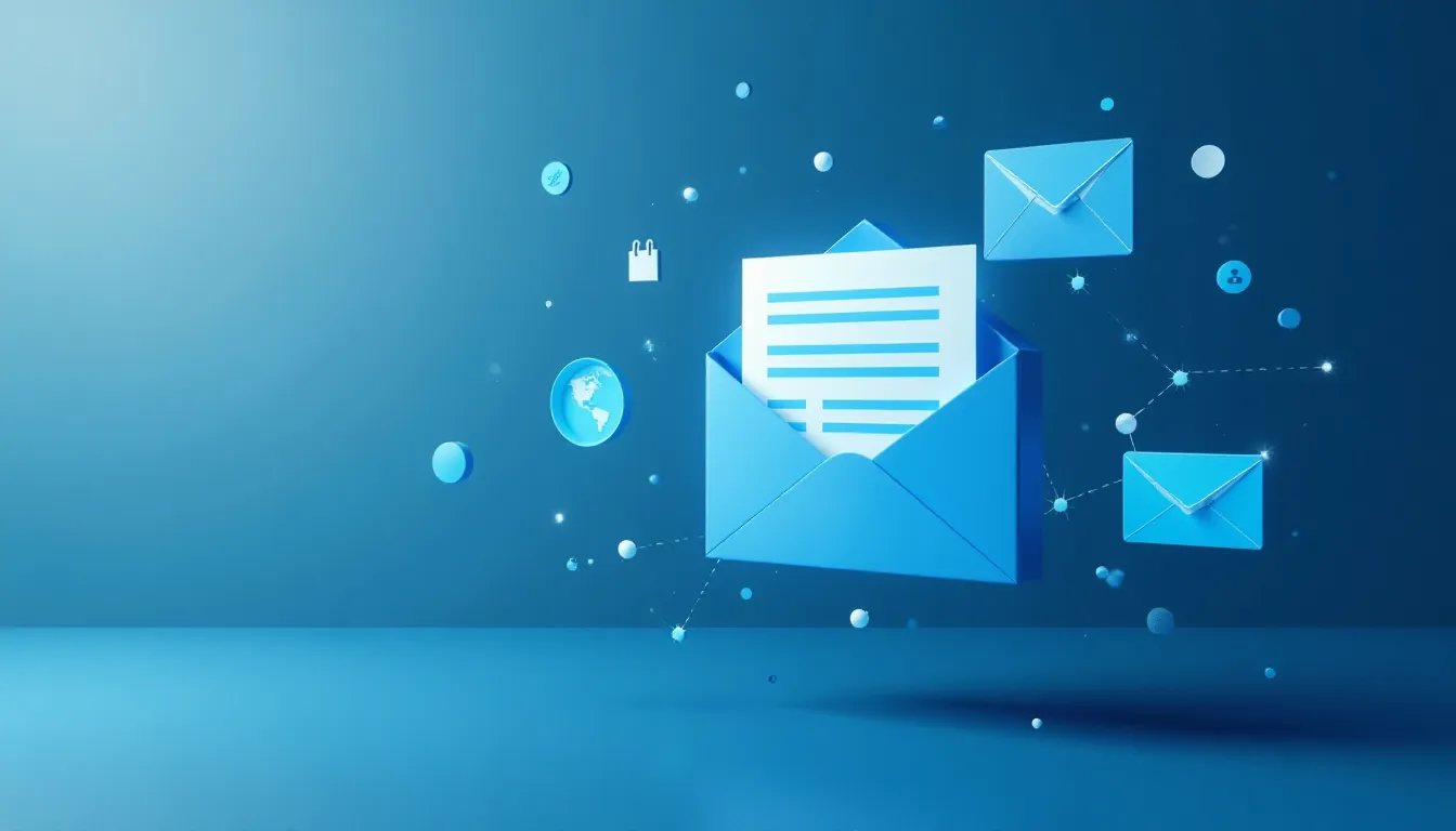 Ilustração digital de um envelope azul aberto com uma folha de papel e ícones representando comunicação, como cartas, um globo e calendários, em um fundo azul. Ideal para temas relacionados a e-mails e marketing digital.