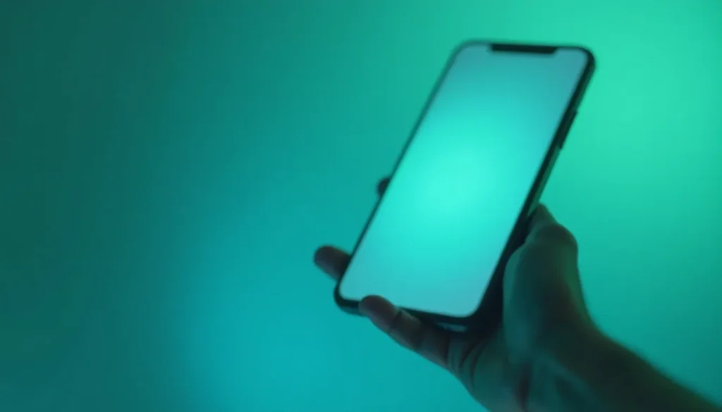 Smartphone sendo segurado com uma tela em branco, iluminado por uma luz de fundo verde-azulada. A imagem destaca a modernidade e a tecnologia dos dispositivos móveis.