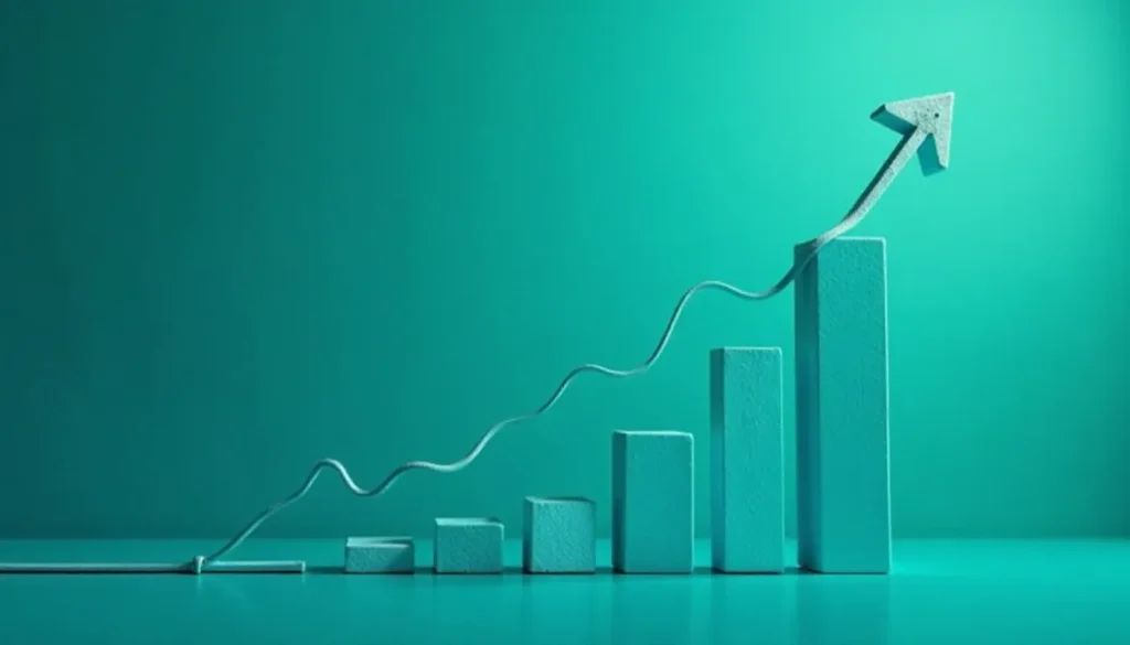 Gráfico ascendente em tons de azul, representando crescimento e progresso. As barras verticais aumentam em altura, enquanto uma linha curva com uma seta aponta para cima, simbolizando desempenho positivo e tendências de mercado.