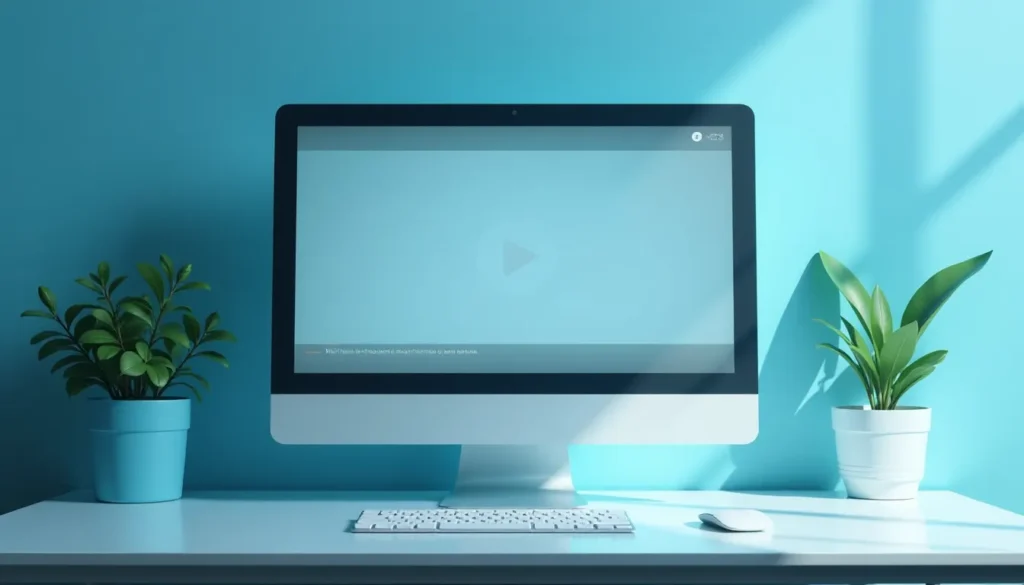 Computador moderno em uma mesa branca com fundo azul, com teclado e mouse, ao lado de plantas em vasos, criando um ambiente minimalista e iluminado.