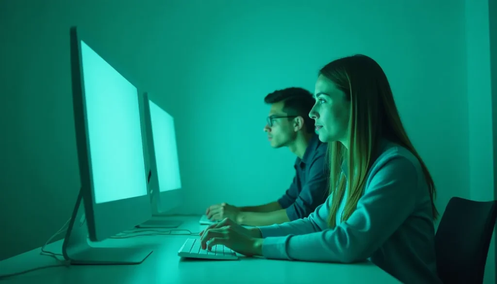 Dois profissionais concentrados trabalhando em computadores em um ambiente iluminado em tom verde, enfatizando a tecnologia e a produtividade.