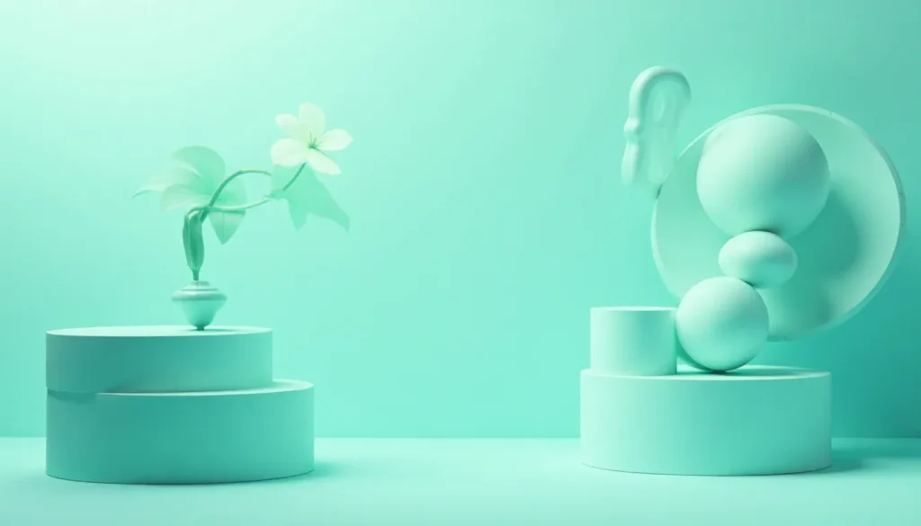 Composição minimalista em tons de verde água, apresentando um vaso com planta e flores à esquerda, e formas geométricas esféricas à direita, sobre plataformas circulares. Ideal para temas de decoração moderna e design contemporâneo.