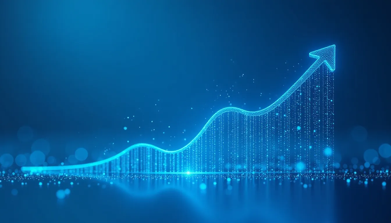 Gráfico de crescimento digital com linha ascendente em azul, representando aumento de dados e indicadores financeiros, com efeito de partículas brilhantes ao fundo.