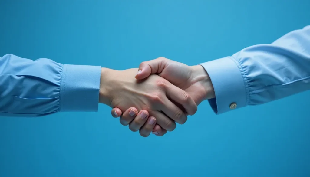 Dupla de mãos se apertando em um gesto de acordo, vestindo camisas de manga longa azul, sobre um fundo azul claro, simbolizando parceria e colaboração profissional.