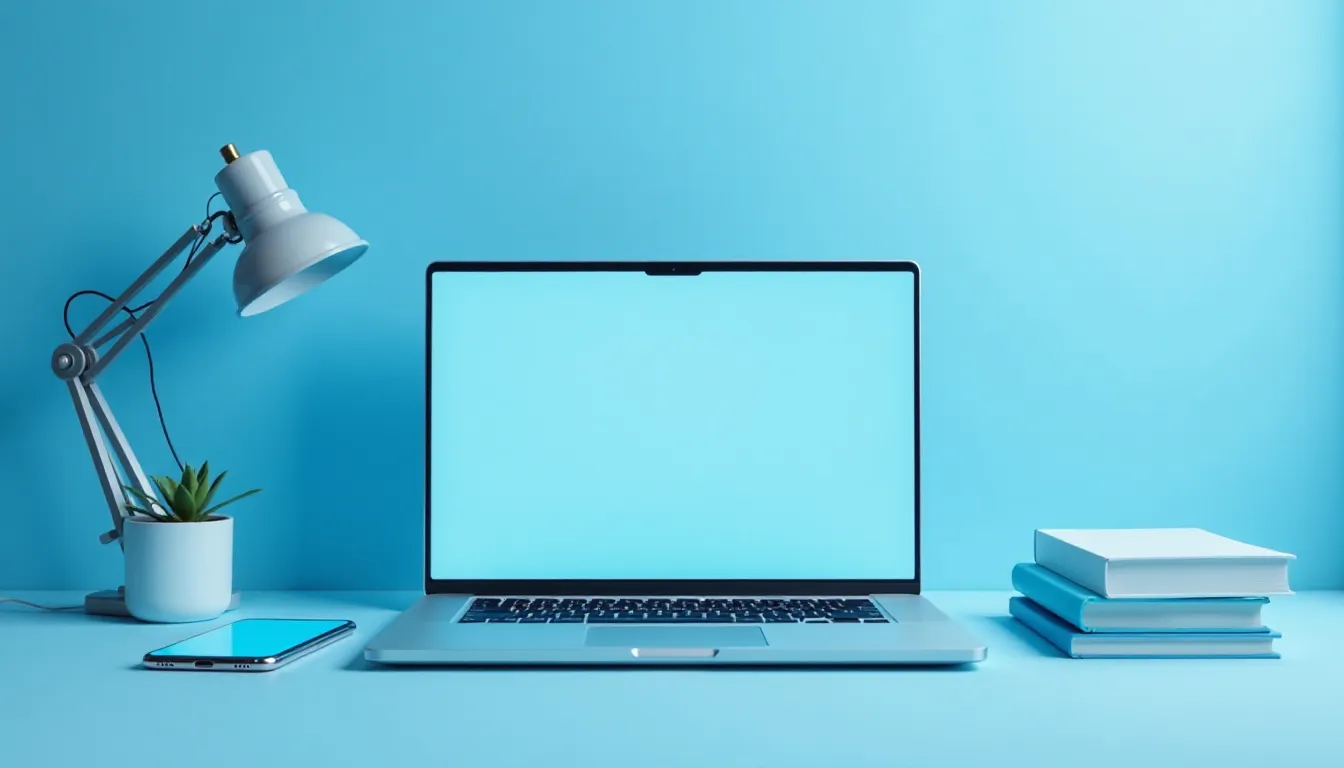 Mesa de trabalho minimalista com notebook prateado de tela em branco, smartphone azul ao lado, lâmpada de mesa branca e livros empilhados, tudo sobre fundo azul claro. Ideal para temas de home office, tecnologia e estudo.