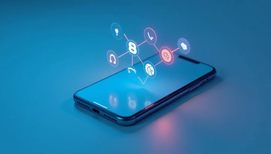 Imagem de um smartphone com ícones de aplicativos flutuando sobre a tela, representando a interatividade digital e a comunicação moderna, em um fundo azul.