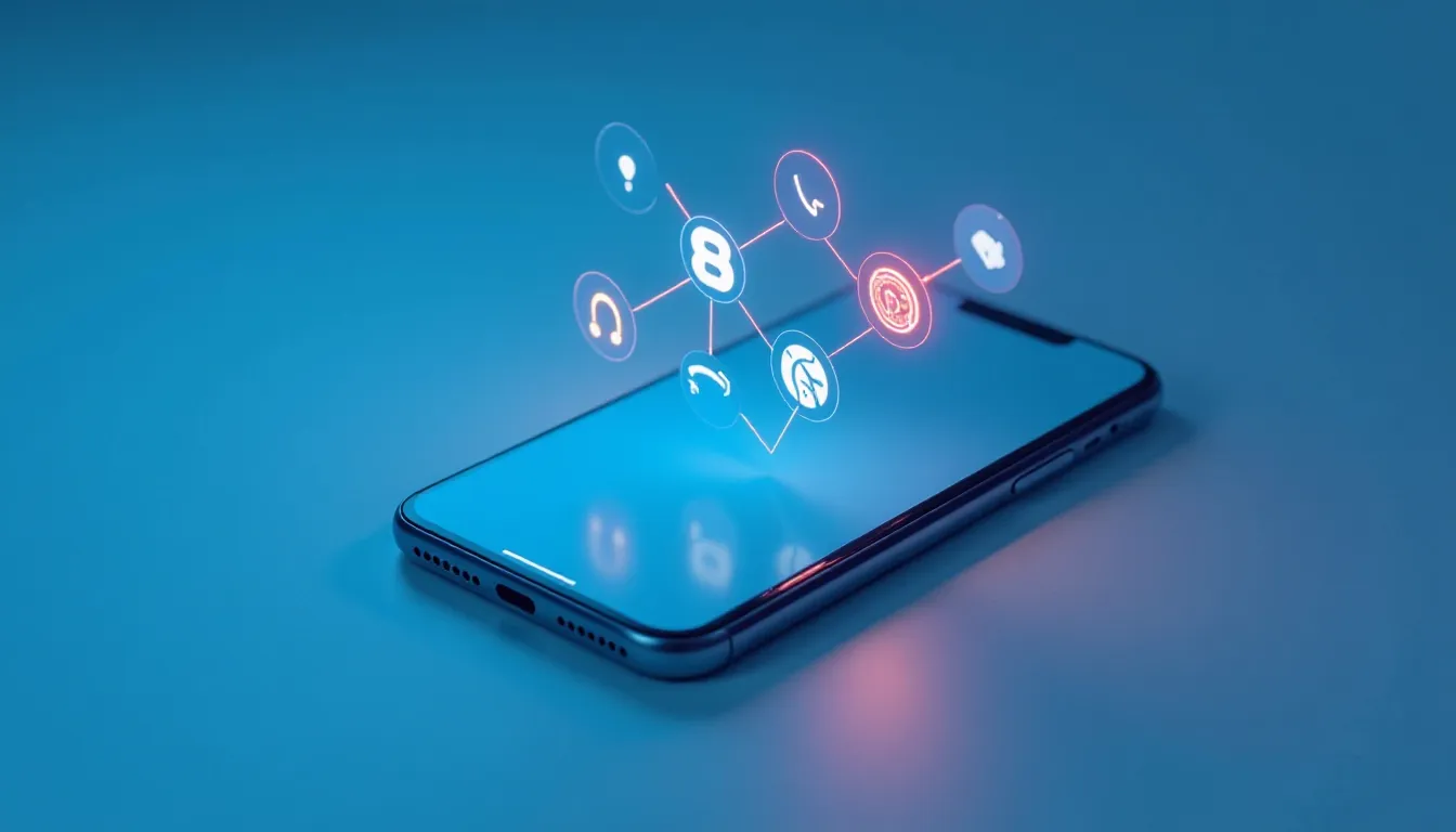 Imagem de um smartphone com ícones de aplicativos flutuando sobre a tela, representando a interatividade digital e a comunicação moderna, em um fundo azul.