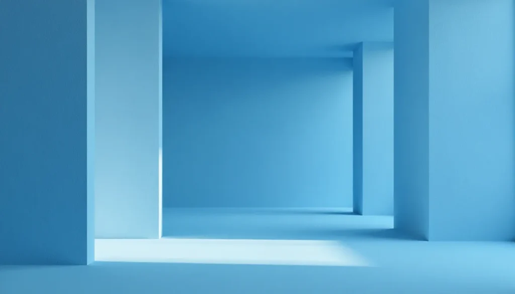 Ambiente minimalista e moderno em tons de azul, com paredes e chão iluminados, criando uma sensação de amplitude e tranquilidade. Ideal para projetos de design de interiores e arquitetura.
